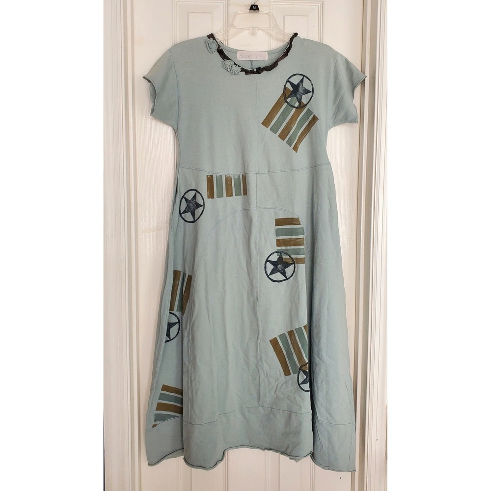 90s Blue Fish Dress Light Blue Star Organic Cotton Boho Lagenlook Sz M XL
